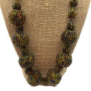 New Artisan Handmade Beaded Necklace Iridescent Green Tones Beads Chunky